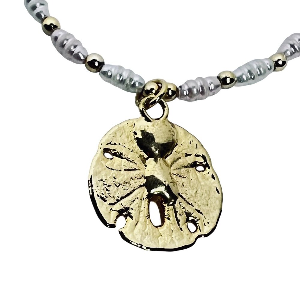 Vintage Gold Tone & Faux Pearl Ankle Bracelet With Sand Dollar Charm (5653) - Picture 9 of 9